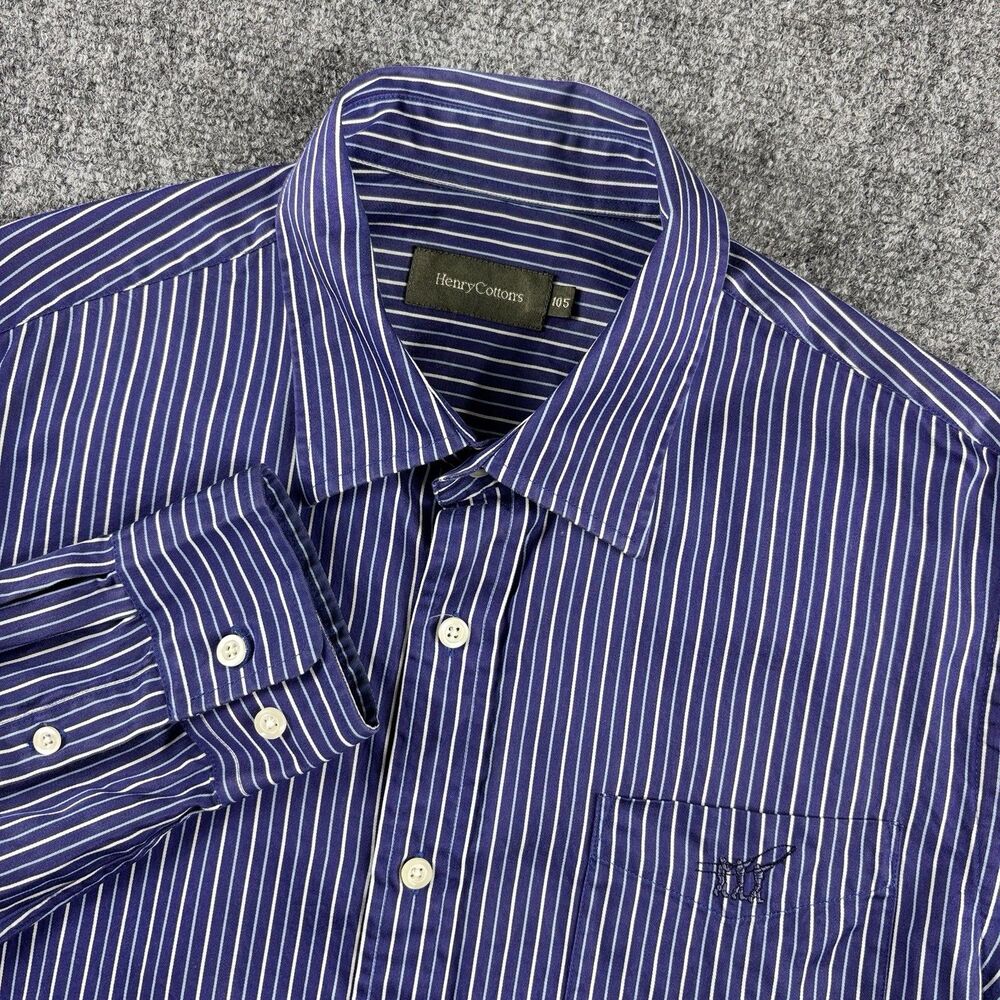 Henry Cottons Shirt Mens 105 US L-XL Blue White Stripe Fishing Logo
